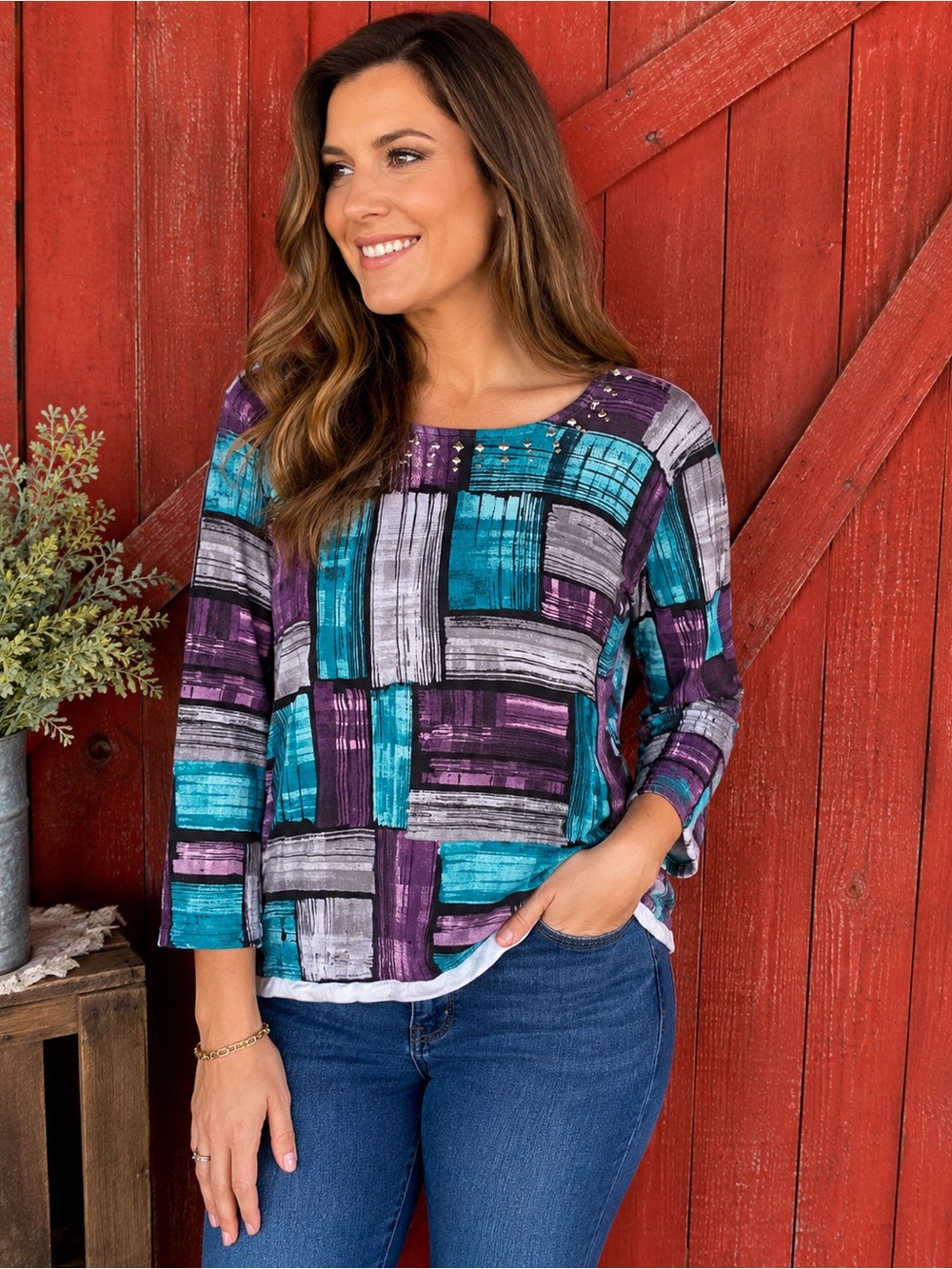 Alfred Dunner Small Purple Teal Abstract Patchwork Rhinestone 3/4 Sleeve Top